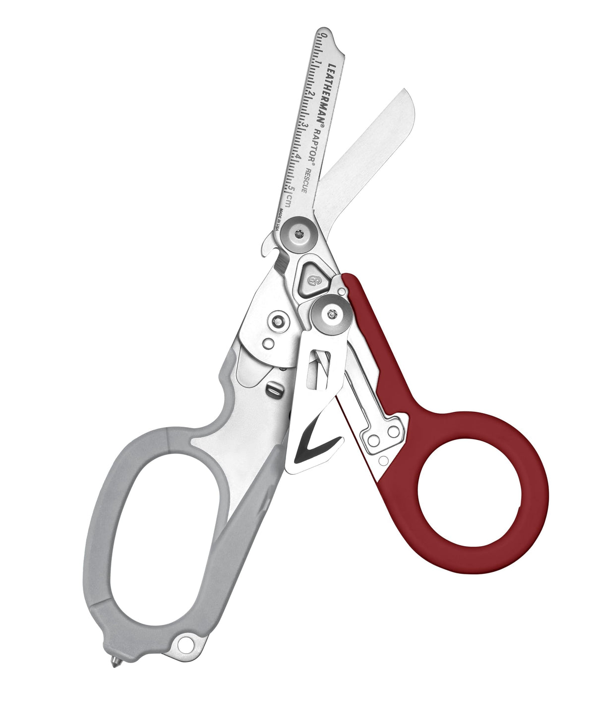Leatherman Raptor Rescue shears close-up showing cutting edge for emergencies