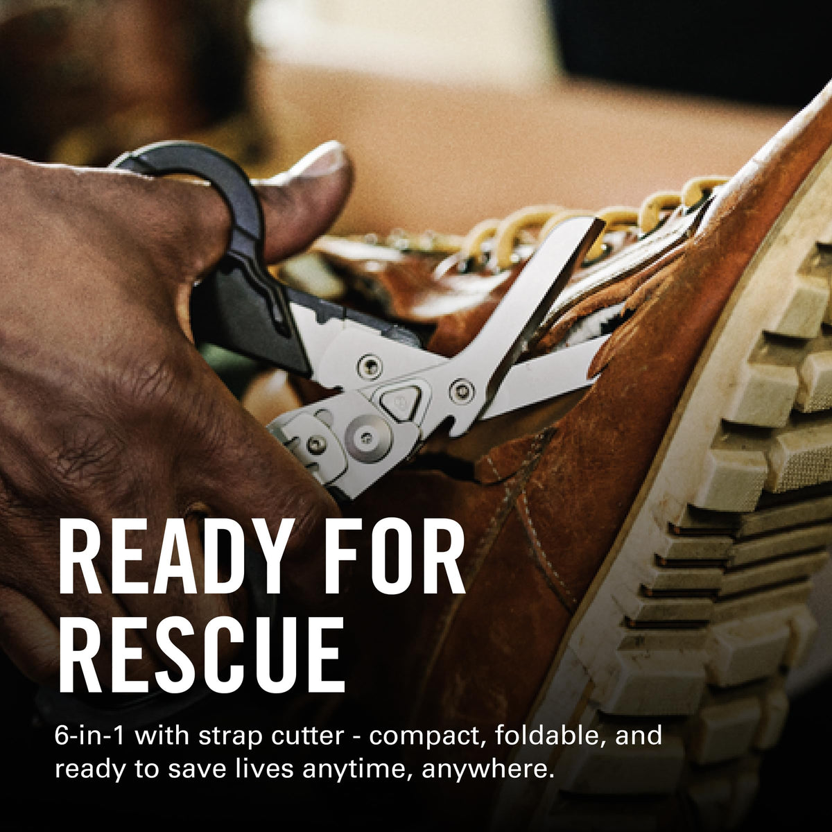 Strap cutter feature on Leatherman Raptor Rescue enables rapid restraint release.