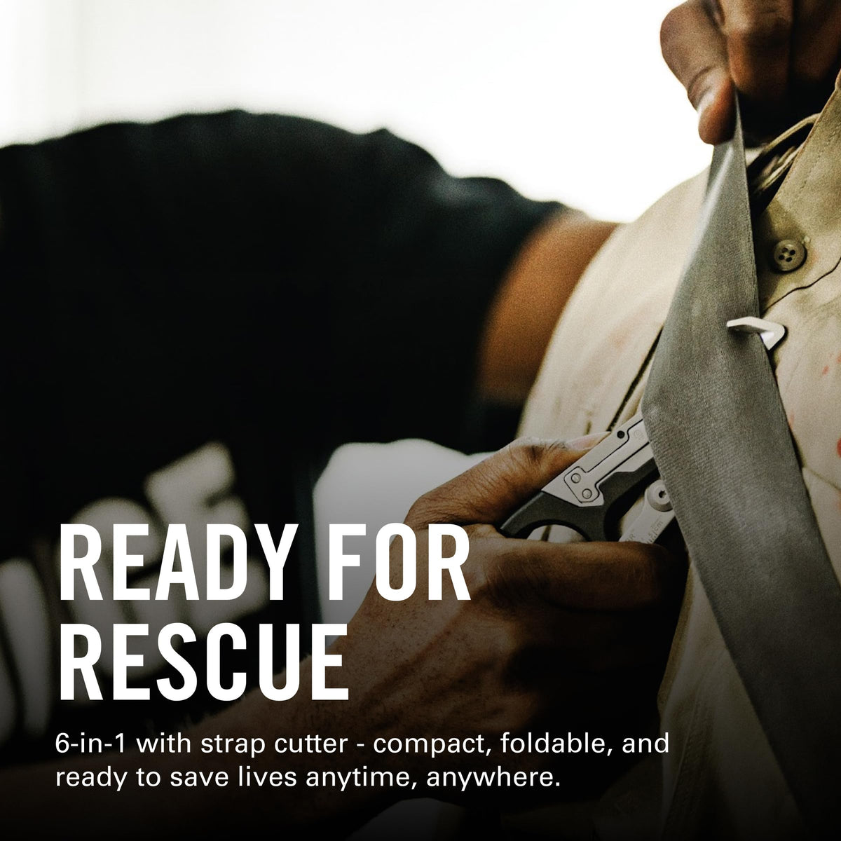Leatherman Raptor Rescue strap cutter in action for rescue operations