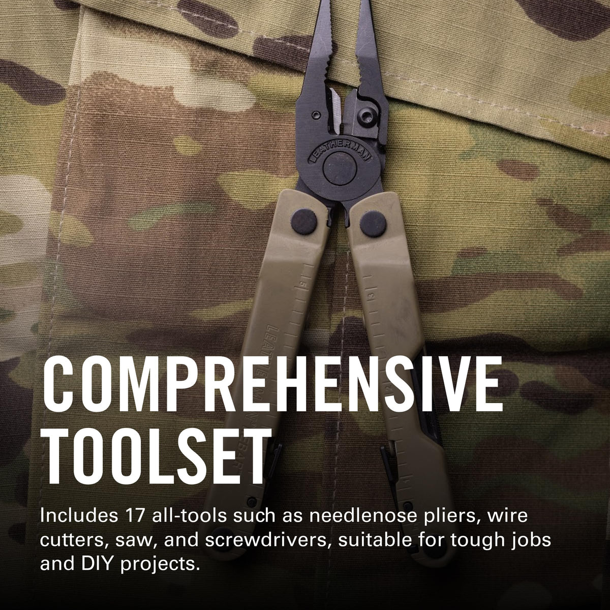 Leatherman Rebar toolset open showing 17 tools for on-site work.