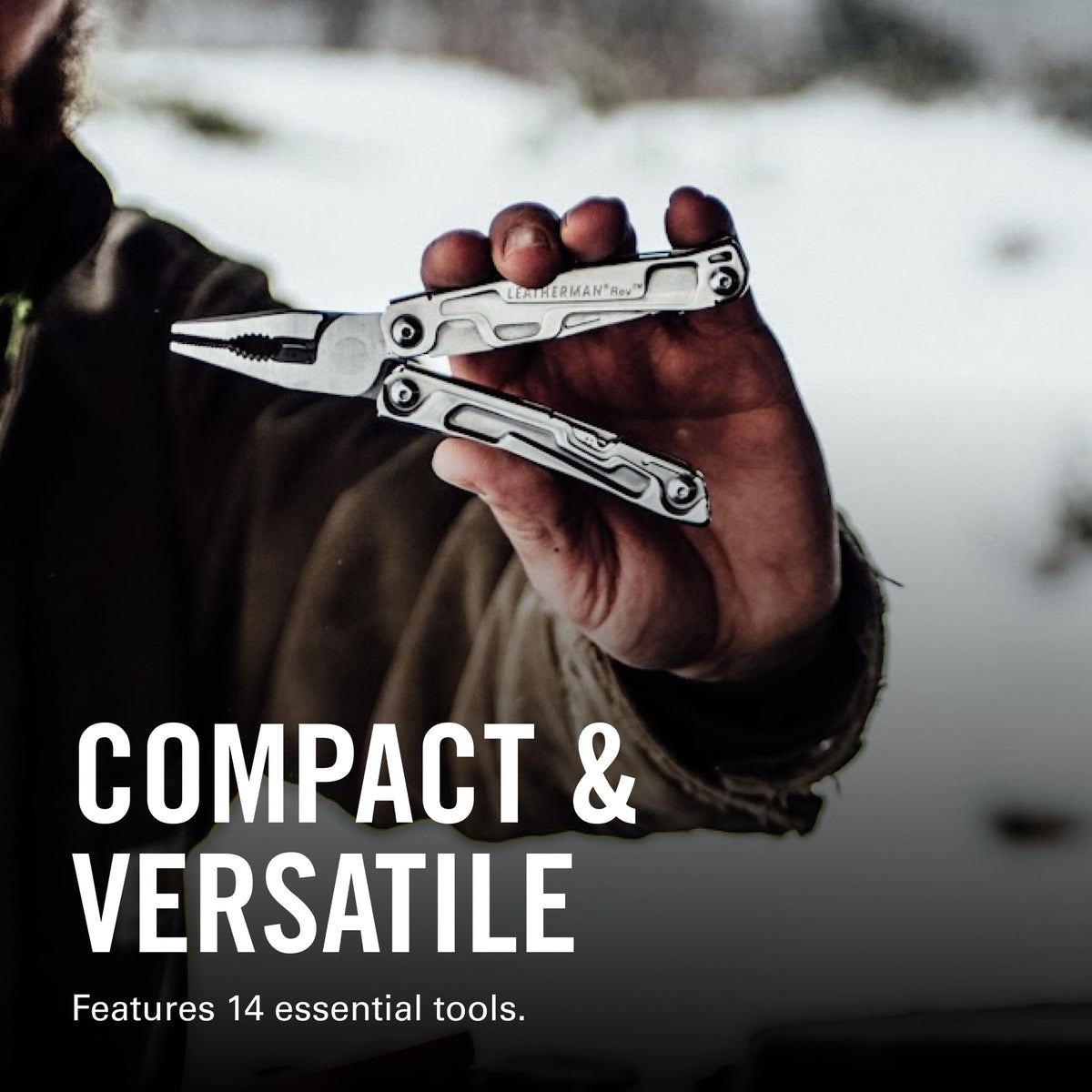 Leatherman Rev needle-nose pliers with wire cutters for on-site repairs.
