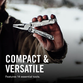 Leatherman Rev needle-nose pliers with wire cutters for on-site repairs.