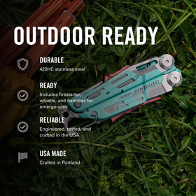 Leatherman Signal hammer and crimping capabilities for tent setup