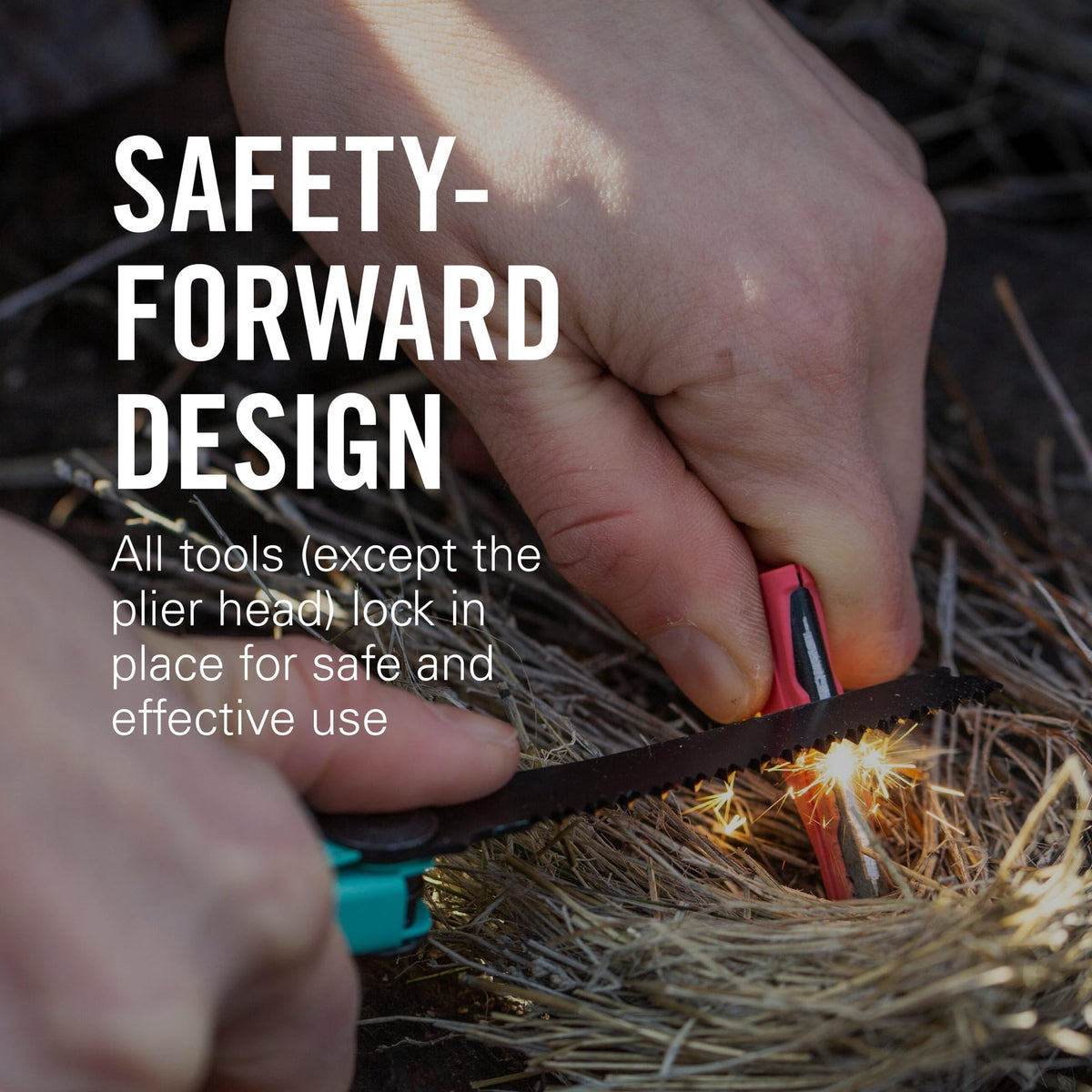 Leatherman Signal hammer in use for tent stakes and adjustments.