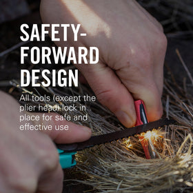 Leatherman Signal hammer in use for tent stakes and adjustments.