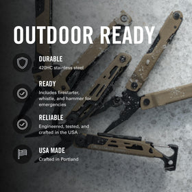 Leatherman Signal hammer anchors tent stakes on rugged ground