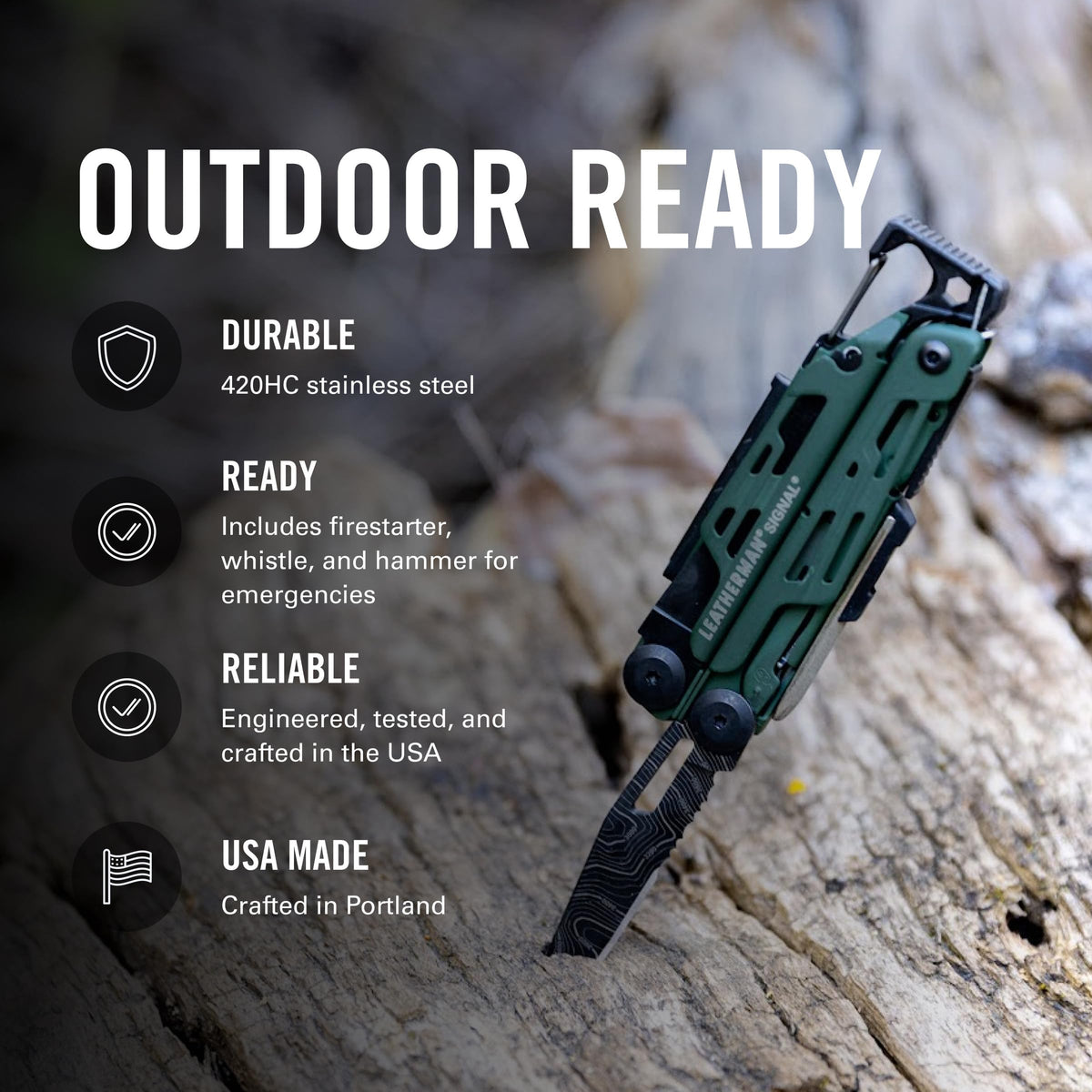 Leatherman Signal hammer in use for tent setup and campsite repairs.