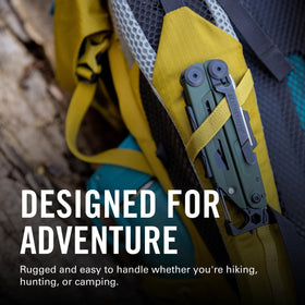 Leatherman Signal knife blade in action for quick field cuts on the trail.