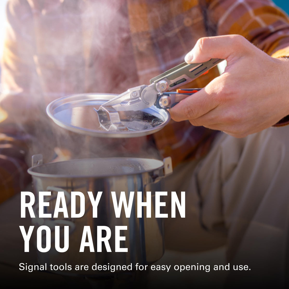 Leatherman Signal knife-saw blade for camp chores and shelter prep.