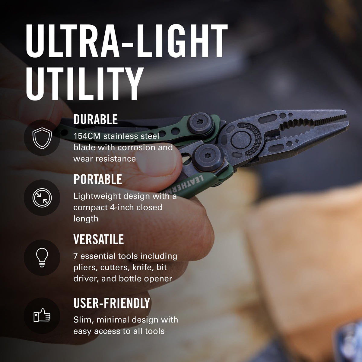 Leatherman Skeletool CX wire cutters support light-duty electronics and craft tasks.