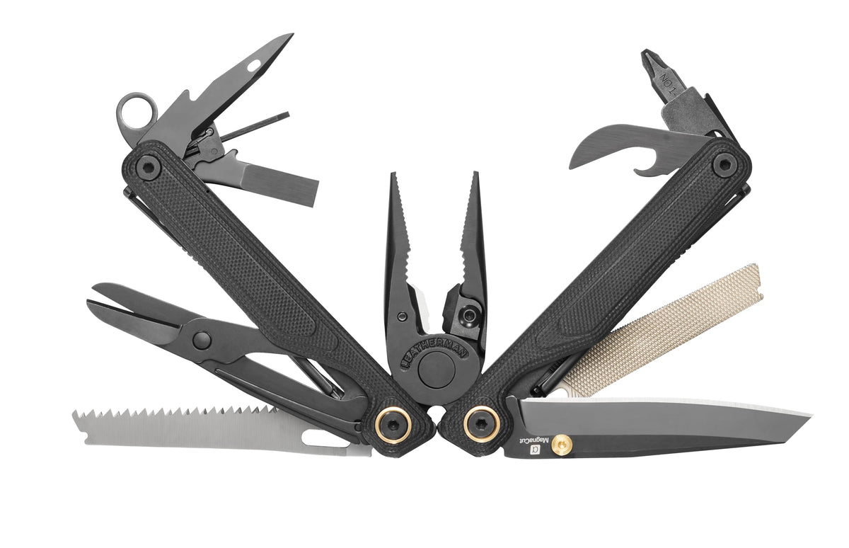 Leatherman Wave Alpha brass-accent fasteners add premium detail and durability.