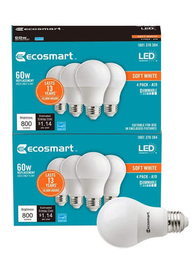 LED TECHNOLOGY EcoSmart 60W-equivalent A19 soft white bulb for warm lighting.