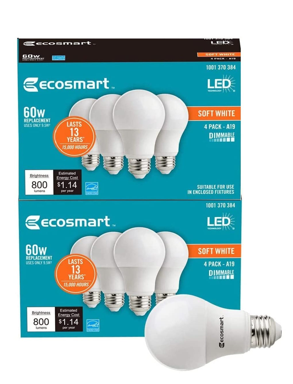LED TECHNOLOGY EcoSmart 60W-equivalent A19 soft white bulb for warm lighting.