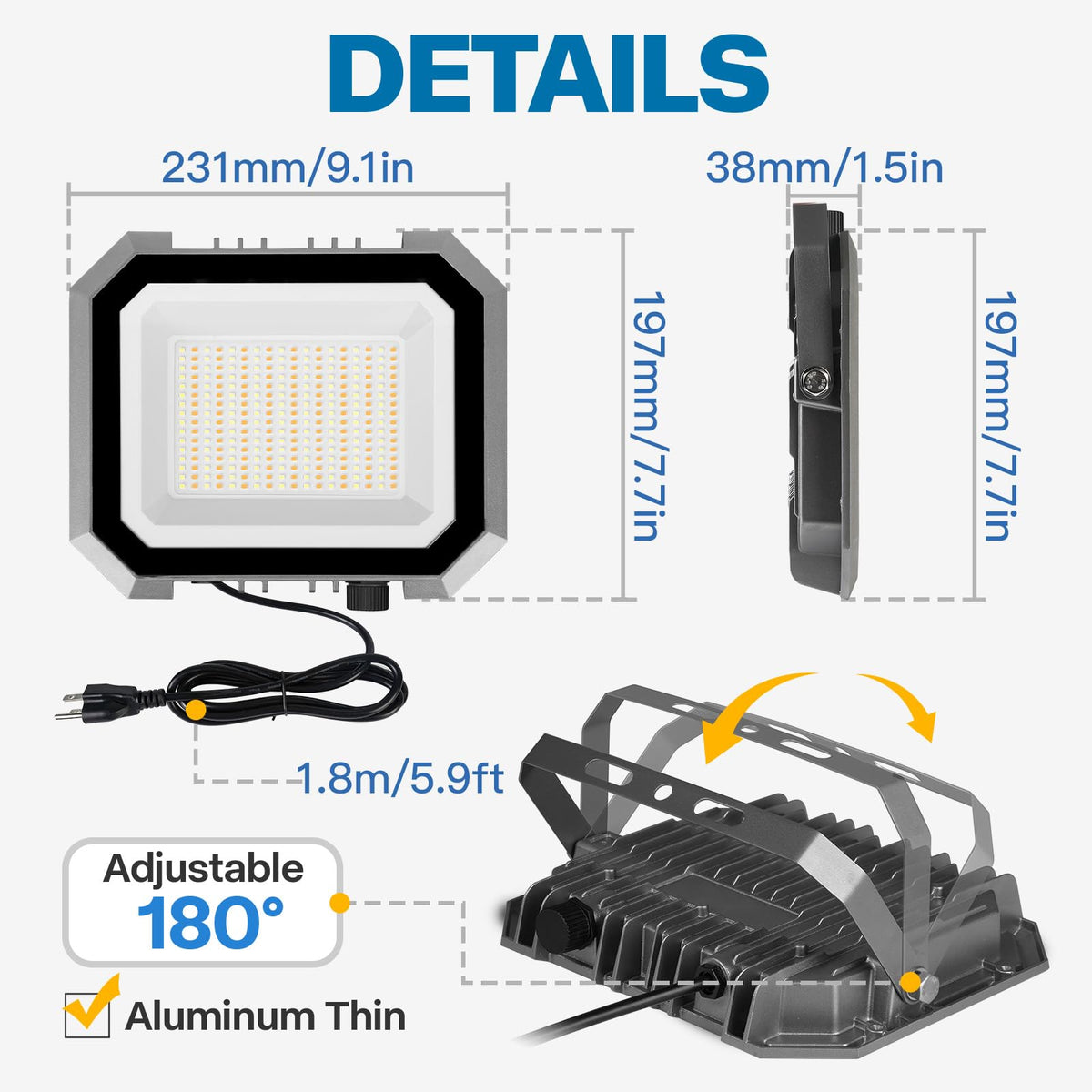 Leddictive flood light side view showing a long beam for driveways