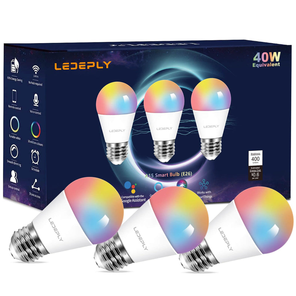 LEDEPLY A15 bulb three-pack in packaging highlights convenient multi-room upgrade.