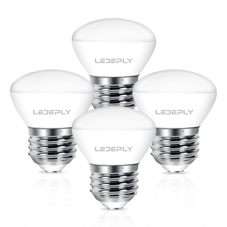 LEDEPLY R14 LED bulb in a dimmable setup showing 4W power and 40W equivalent brightness