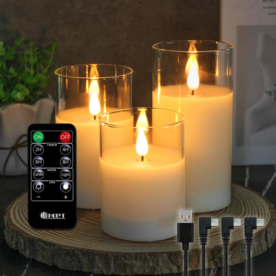 LEDHOLYT glass pillar candle with lifelike flame for cozy living room ambiance.