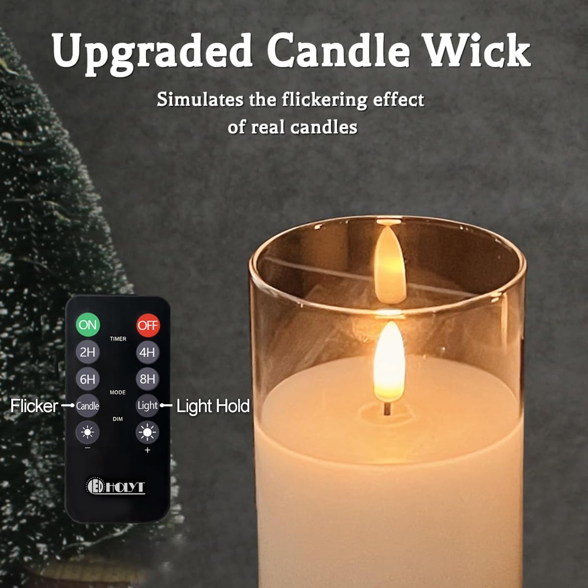 LEDHOLYT amber flame glass pillar candle with realistic flicker for living room.