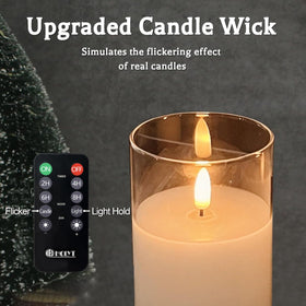 LEDHOLYT amber flame glass pillar candle with realistic flicker for living room.