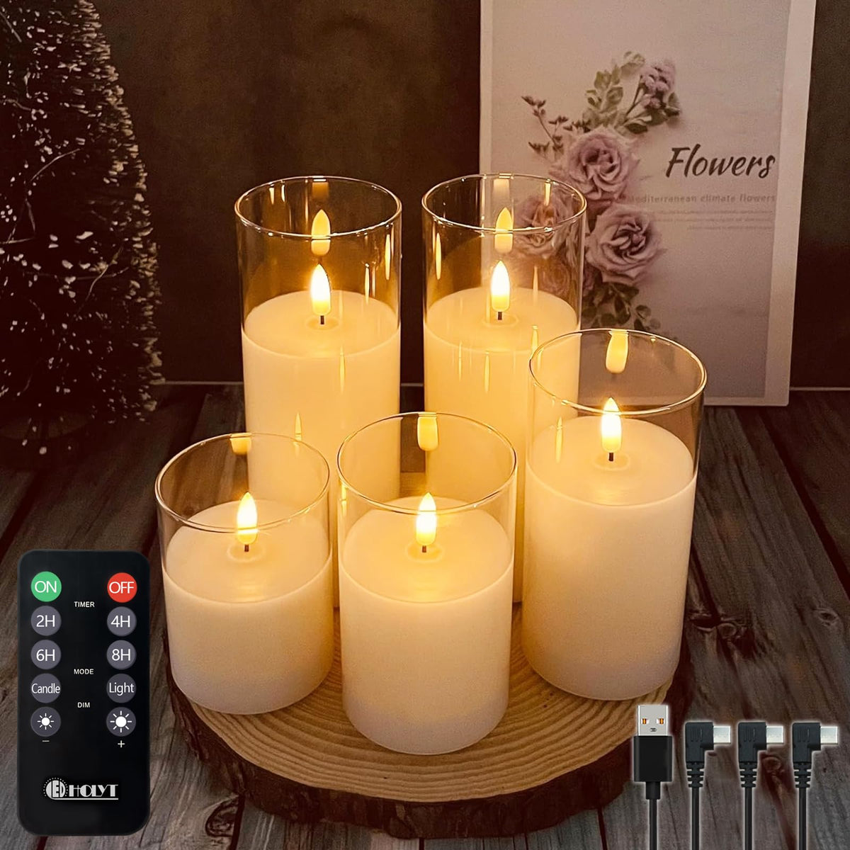 LEDHOLYT 5-set glass pillar candles with amber glow for safe, cozy ambiance.