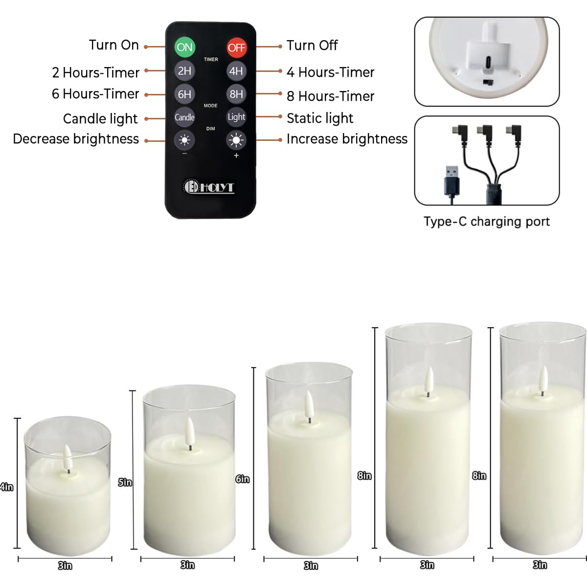 LEDHOLYT USB-rechargeable candle with built-in battery for cordless use.