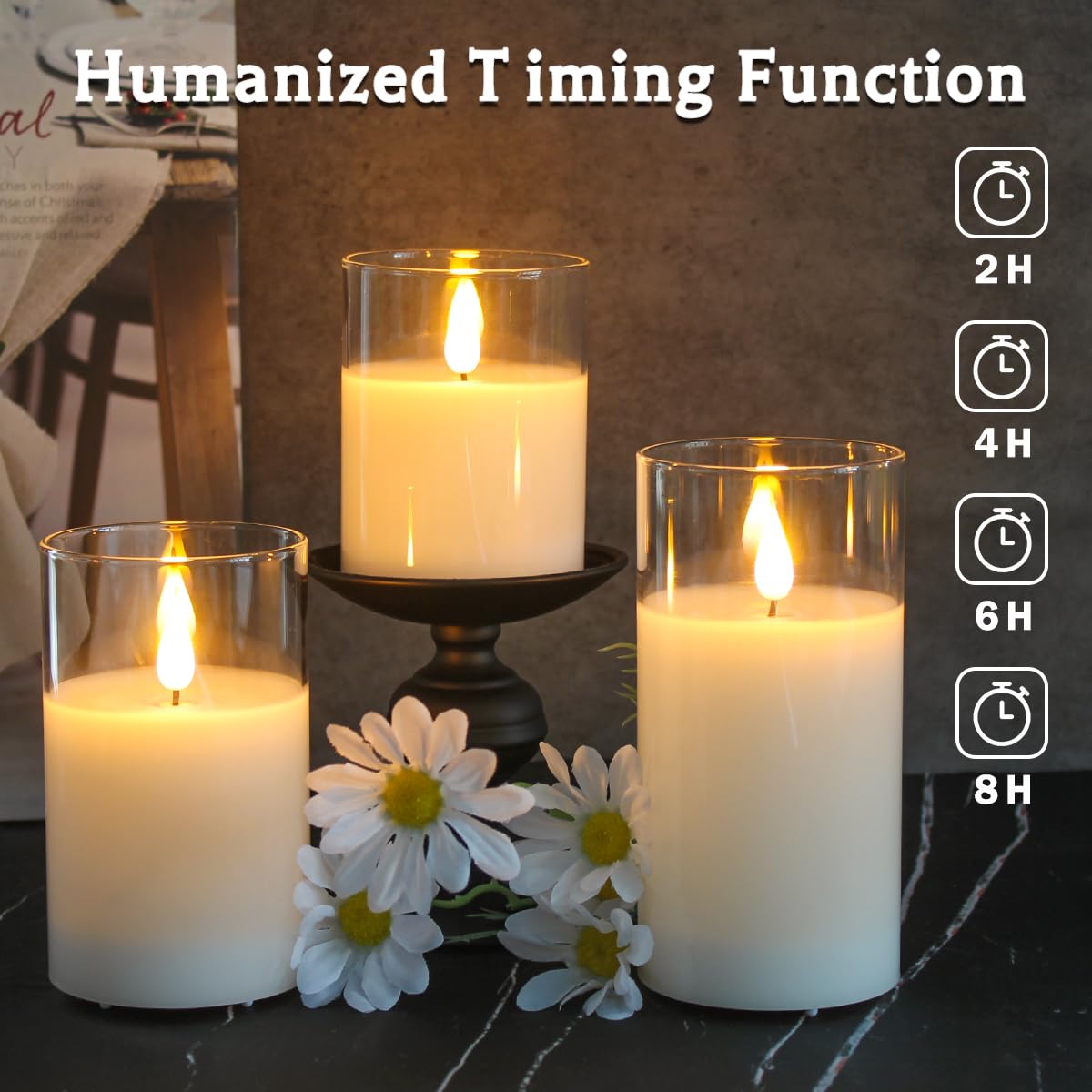 LEDHOLYT water-drop-wick candle with amber glow enhances romantic dinner ambiance.