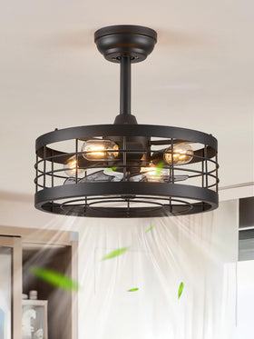 LEDIARY 16.5-inch black caged ceiling fan with light in a modern bedroom ambience