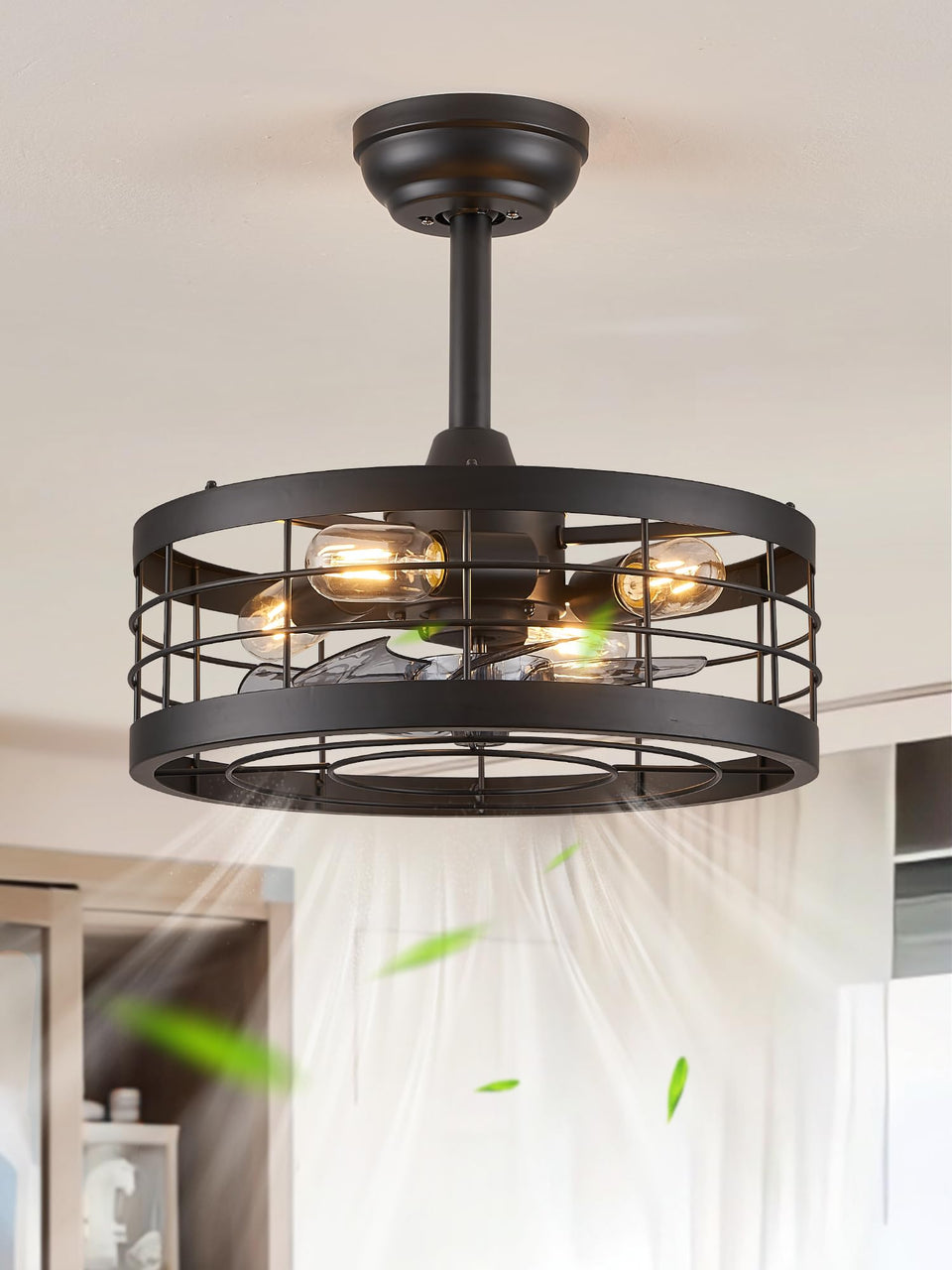 LEDIARY 16.5-inch black caged ceiling fan with light in a modern bedroom ambience