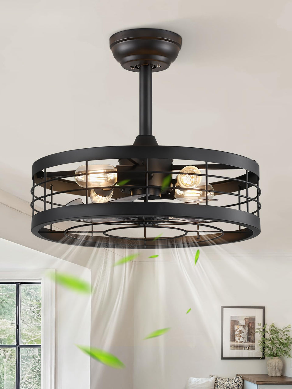 LEDIARY 18in black caged ceiling fan with light for versatile rooms