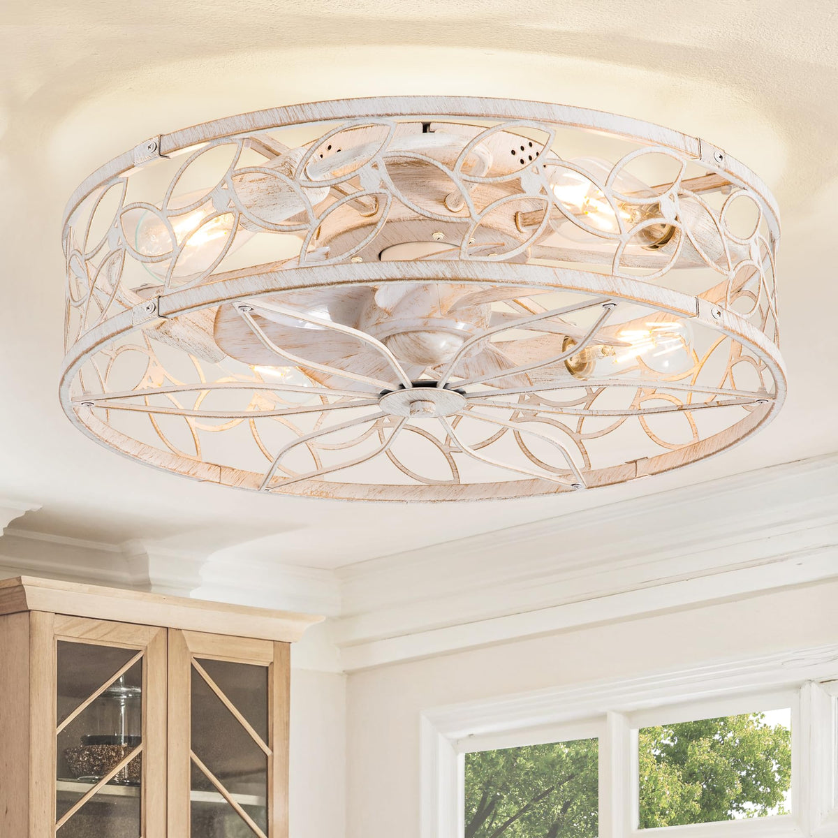 LEDIARY 20 inch caged ceiling fan with light in white gold ideal for bedrooms and dining areas