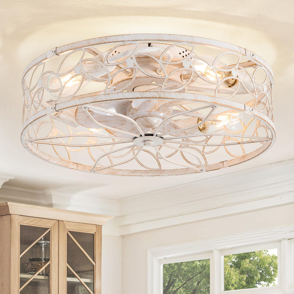 LEDIARY 20 inch caged ceiling fan with light in white gold ideal for bedrooms and dining areas