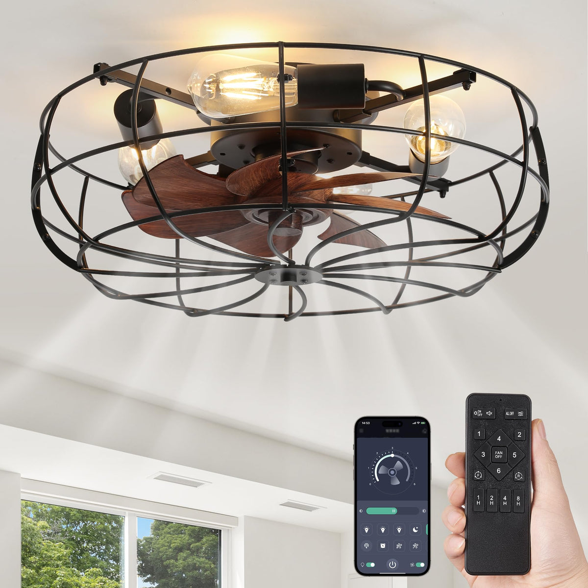 LEDIARY 20-inch caged ceiling fan with lights for compact spaces and style.