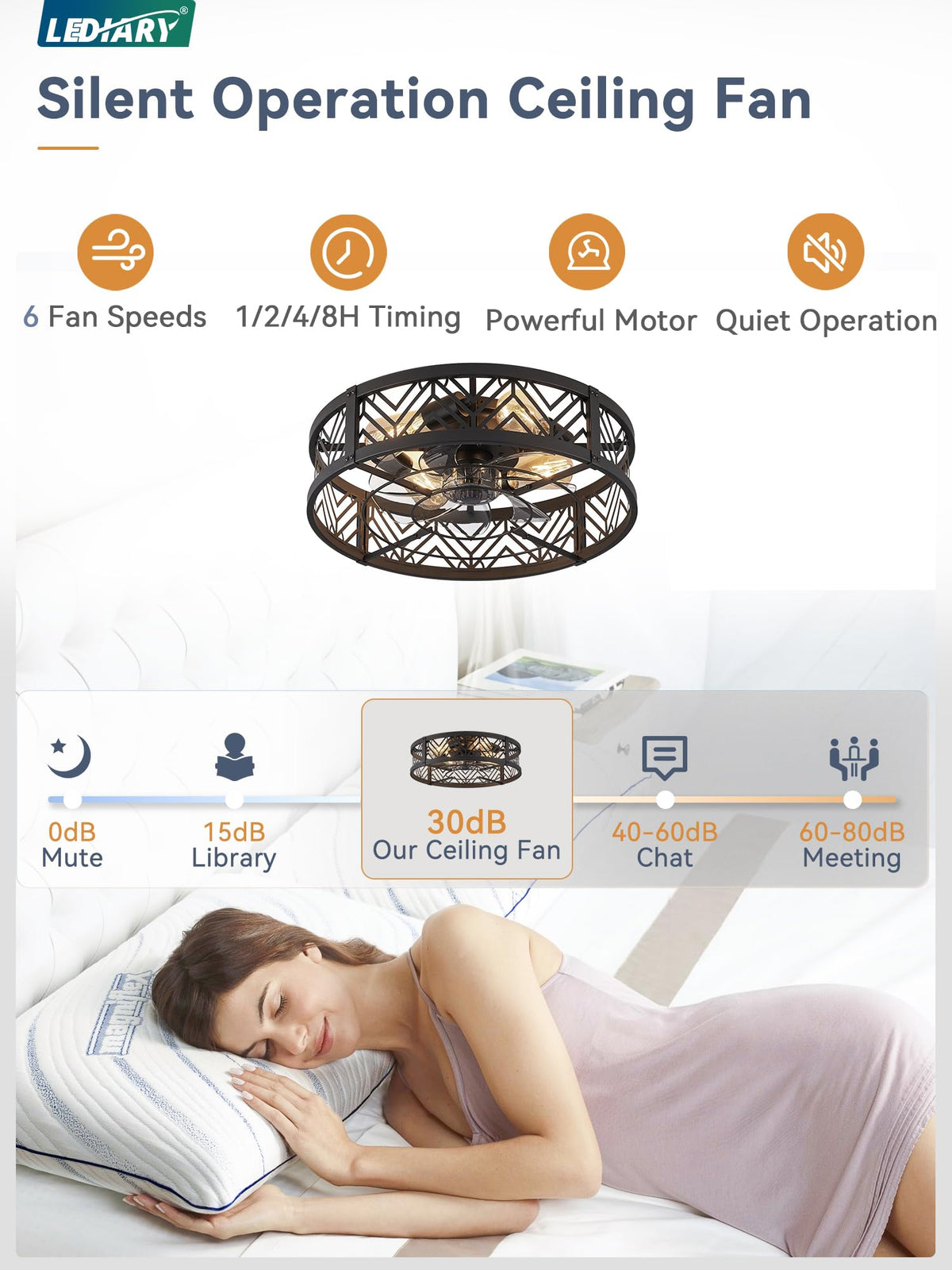 LEDIARY caged ceiling fan close-up motor, whisper-quiet performance.