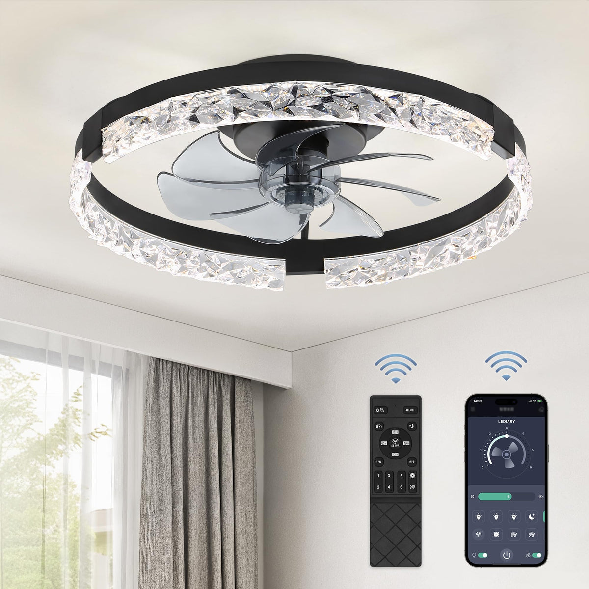LEDIARY 20in low-profile fandelier with integrated light for compact rooms