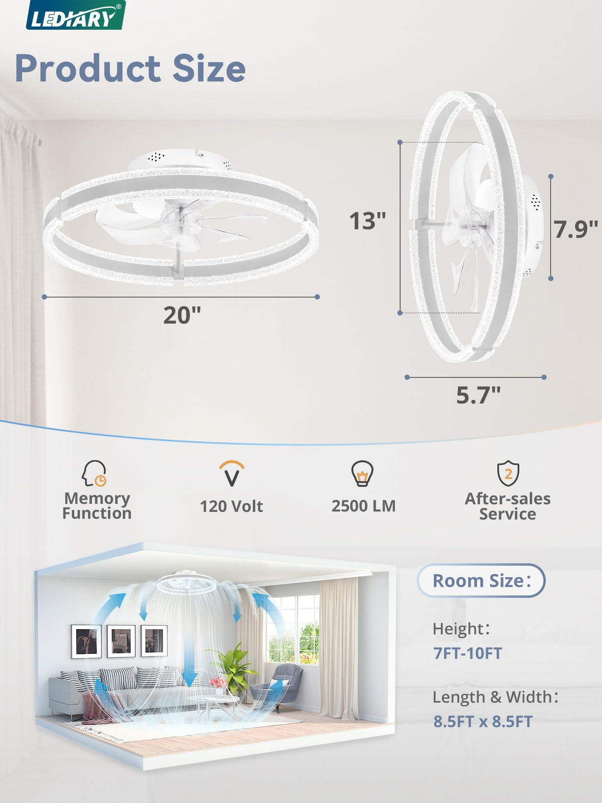 LEDIARY ceiling fan with light 3000K-6000K color temperature for mood lighting