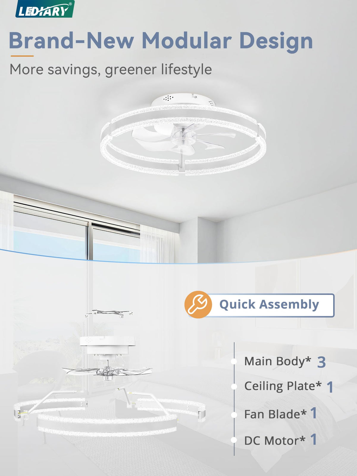 LEDIARY ceiling fan with light low-profile flush mount for small spaces