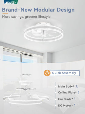 LEDIARY ceiling fan with light low-profile flush mount for small spaces