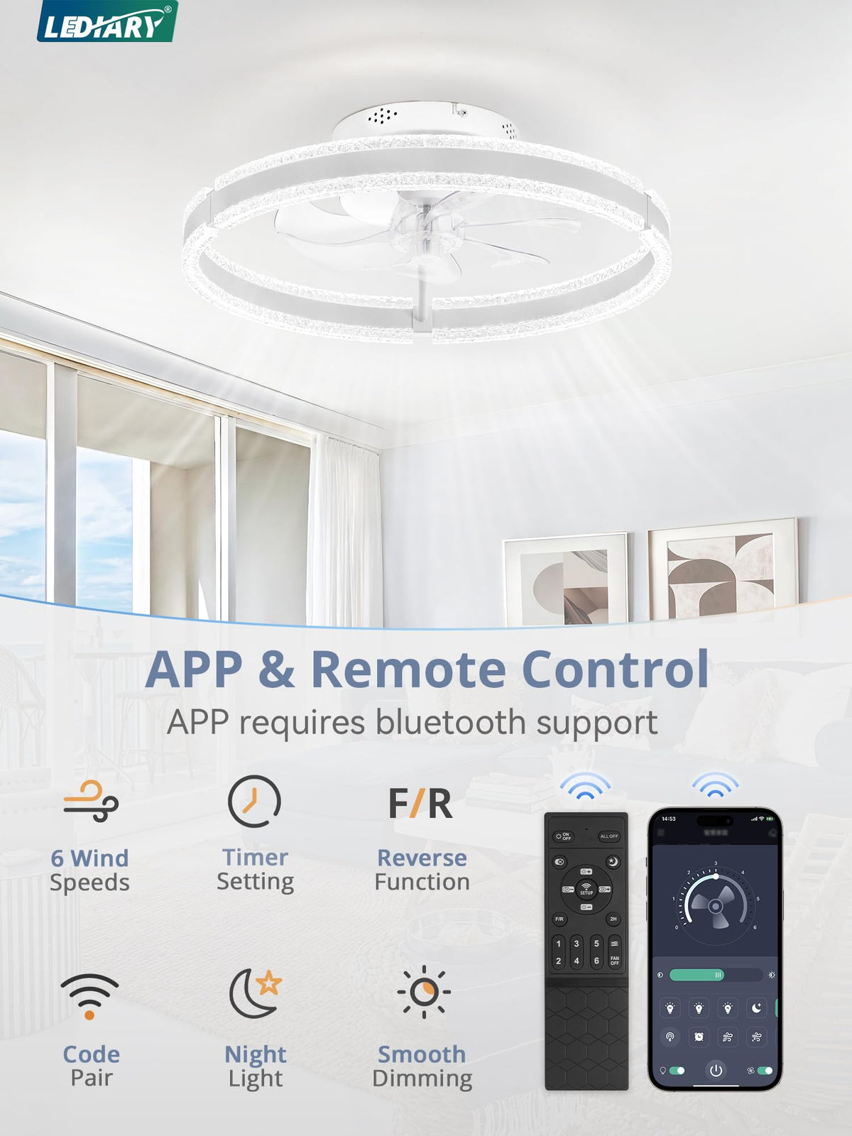 LEDIARY ceiling fan with light remote-control option for convenient operation