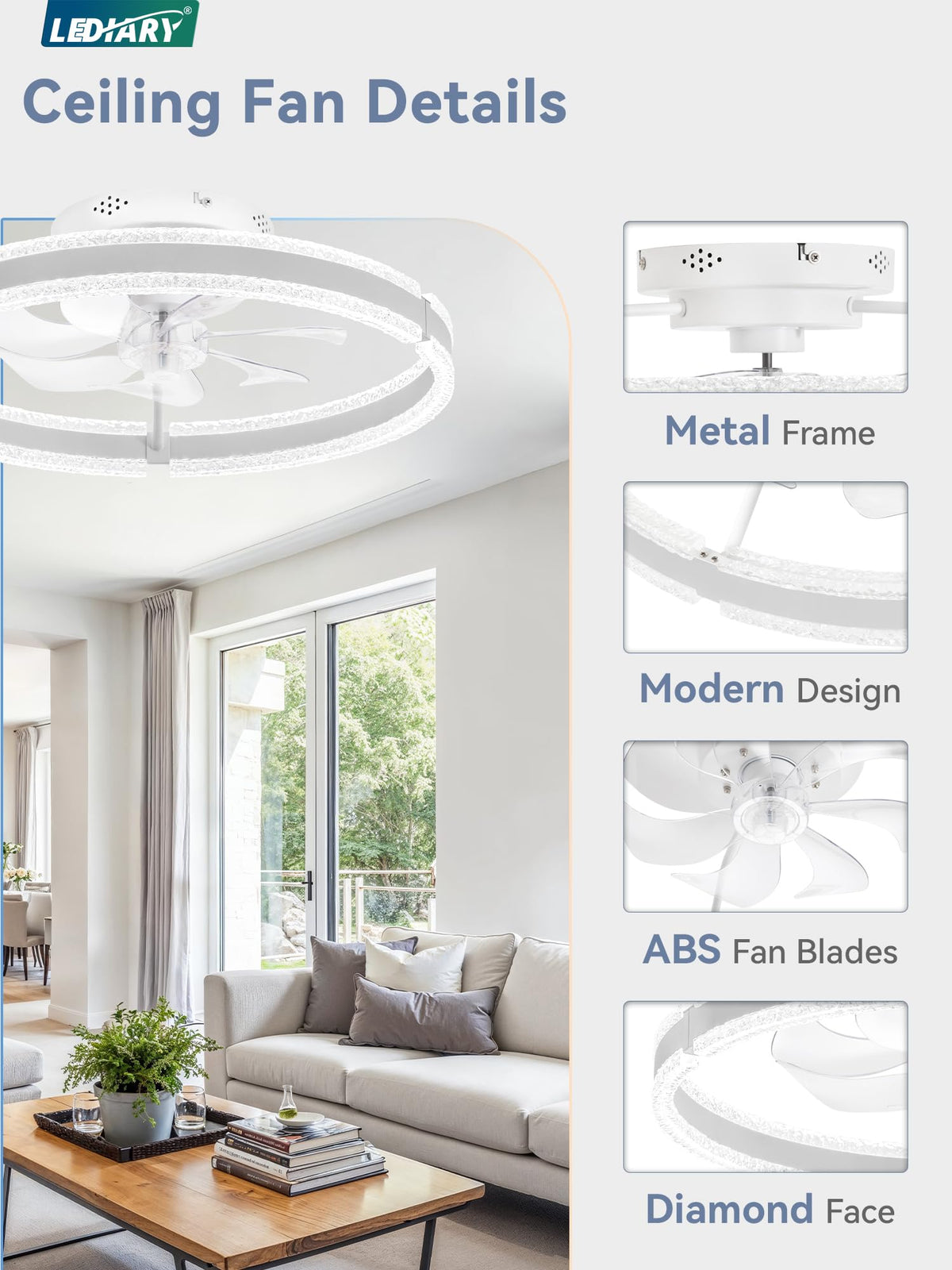 LEDIARY ceiling fan with light reversible airflow for all-season comfort
