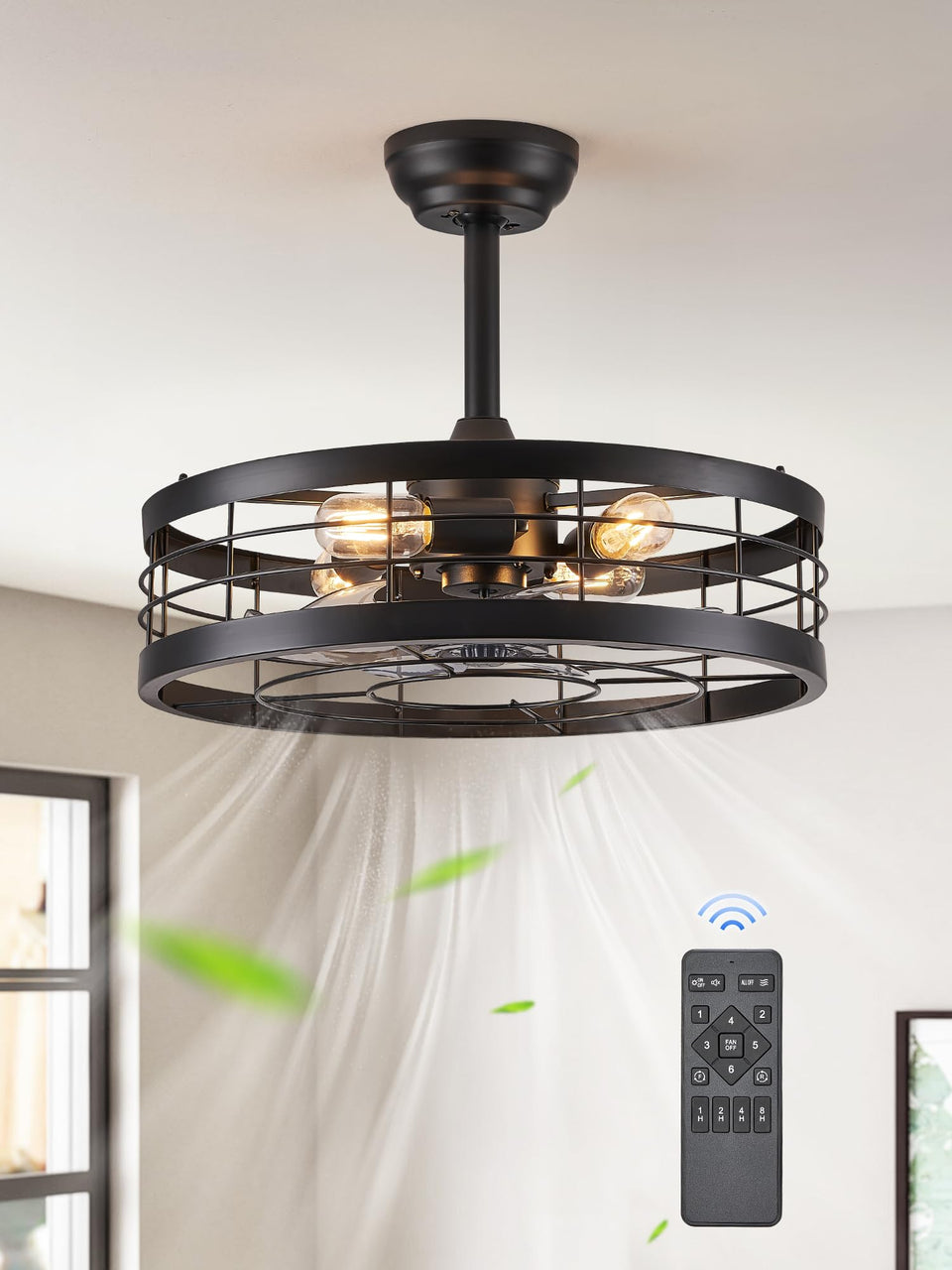 LEDIARY 20 inch fandelier with caged design adds stylish lighting to compact rooms.