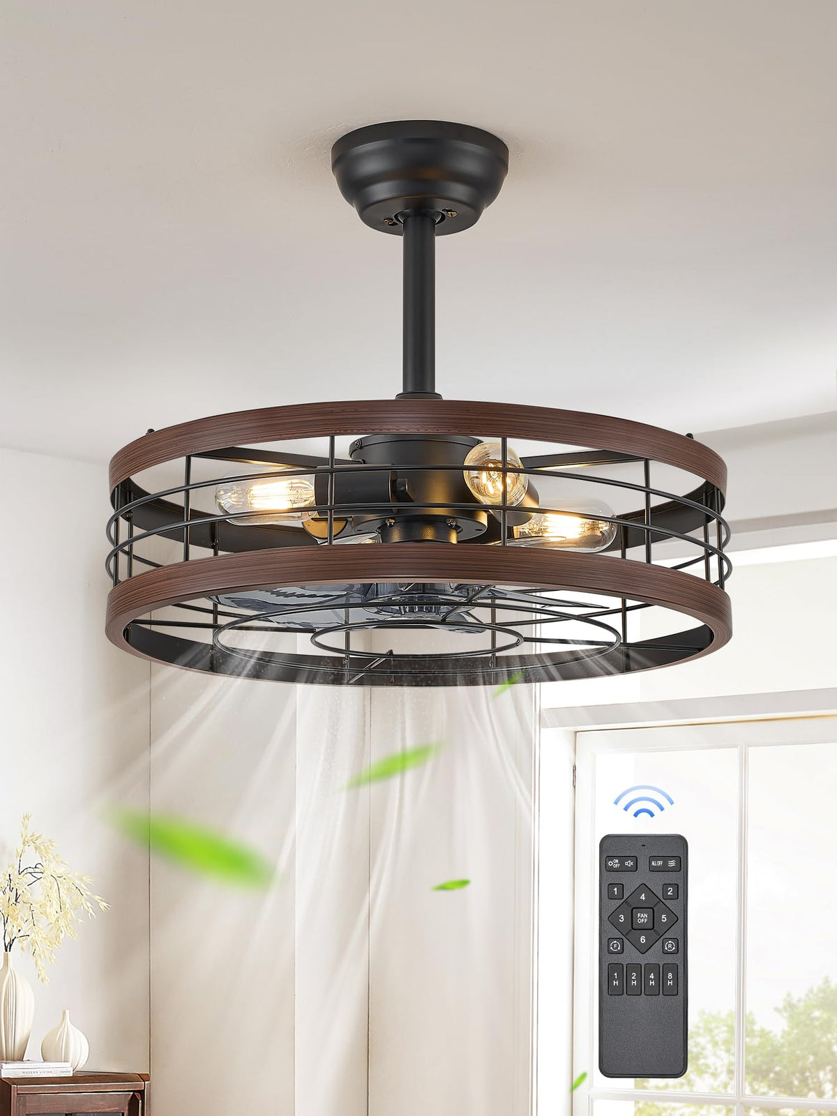 LEDIARY 20inch fandelier with caged design and walnut finish for stylish lighting.