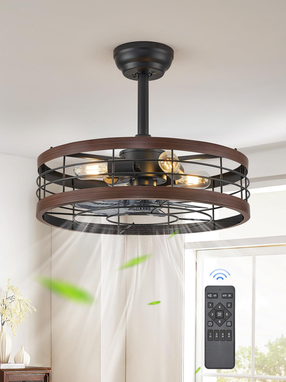 LEDIARY 20inch fandelier with caged design and walnut finish for stylish lighting.