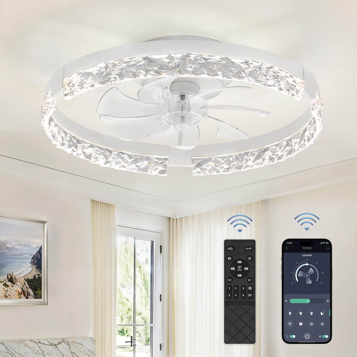 LEDIARY 20-inch low-profile fan front view with dimmable light for customized comfort.
