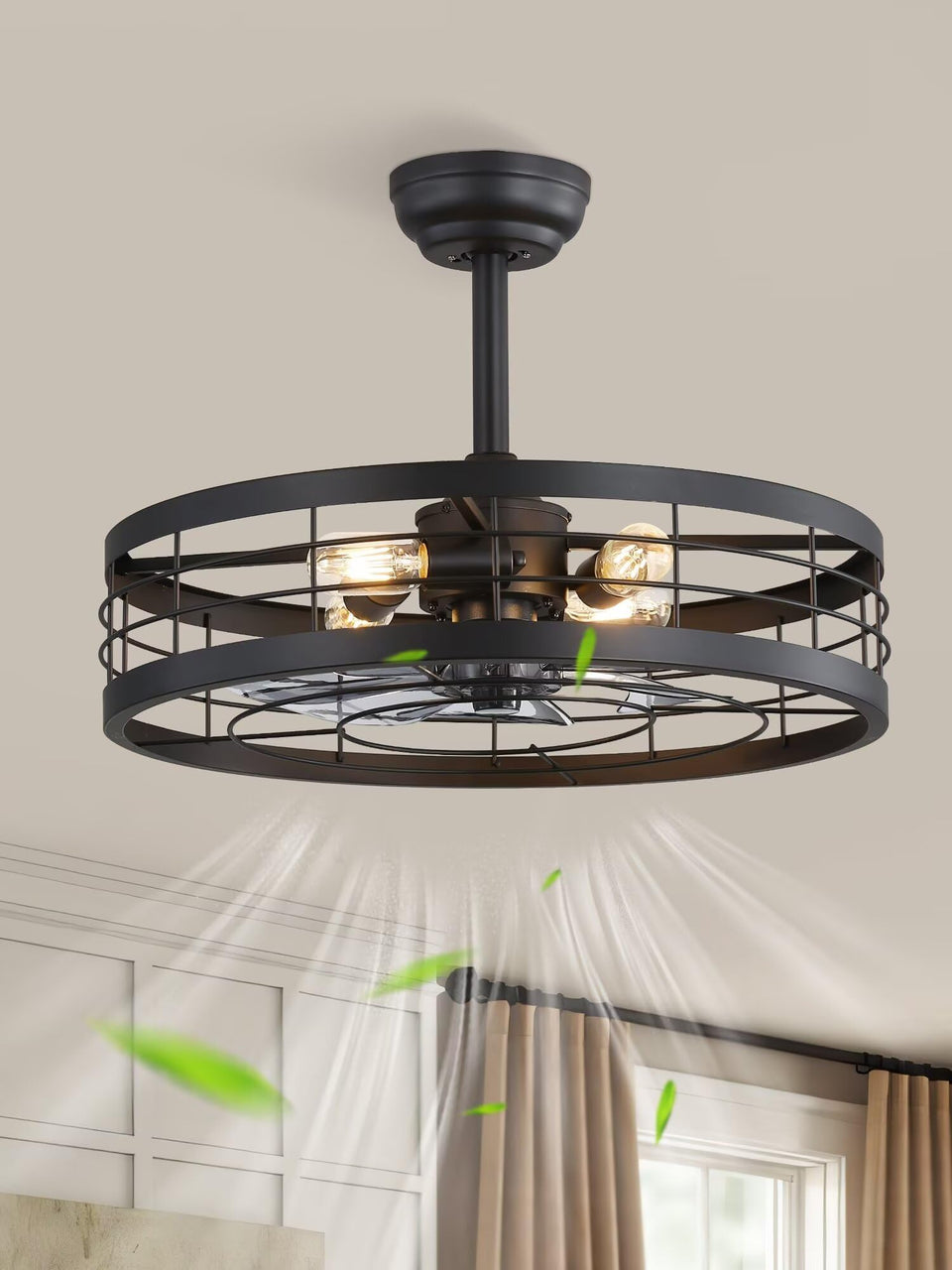 LEDIARY 22-inch black caged ceiling fan with light adds bold industrial style and lighting flexibility.