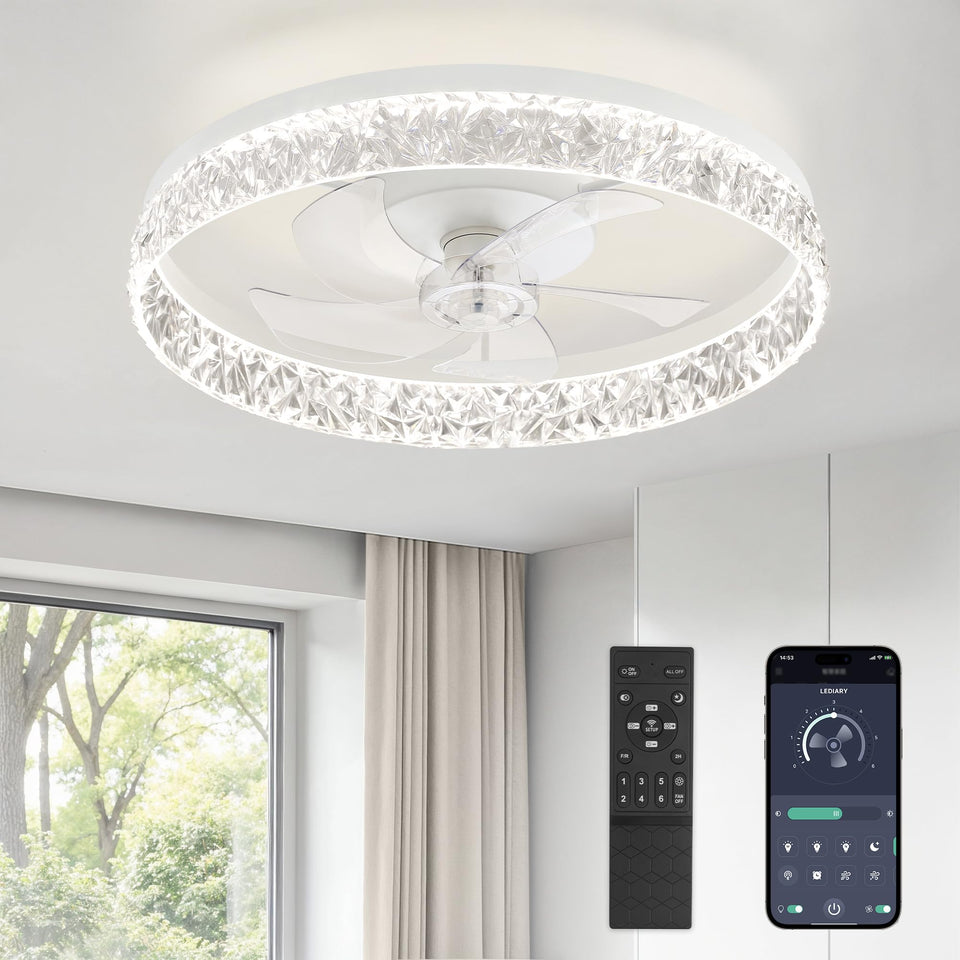 LEDIARY 22-inch ceiling fan with lights and remote providing adjustable brightness.
