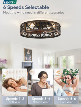 LEDIARY seven blades with rustic wood grain enhance room ambience.