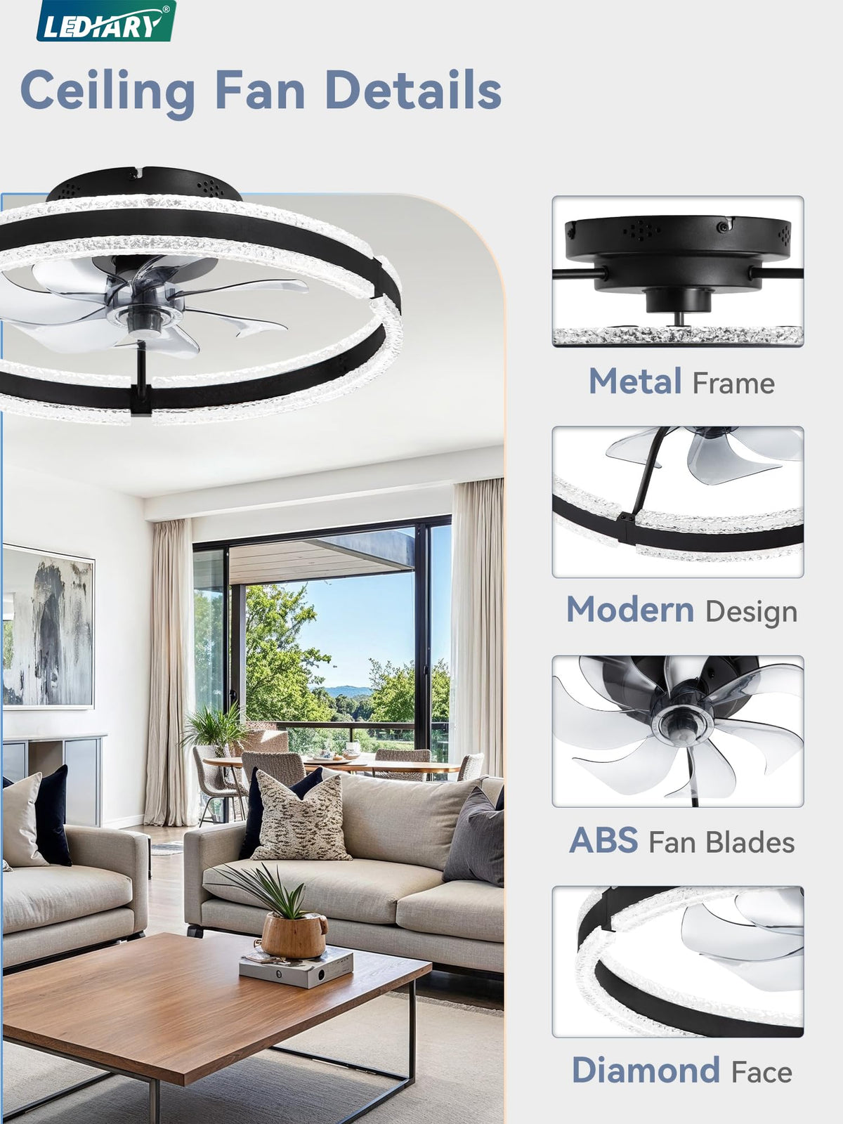 LEDIARY bedroom scene with soft illumination and airflow.