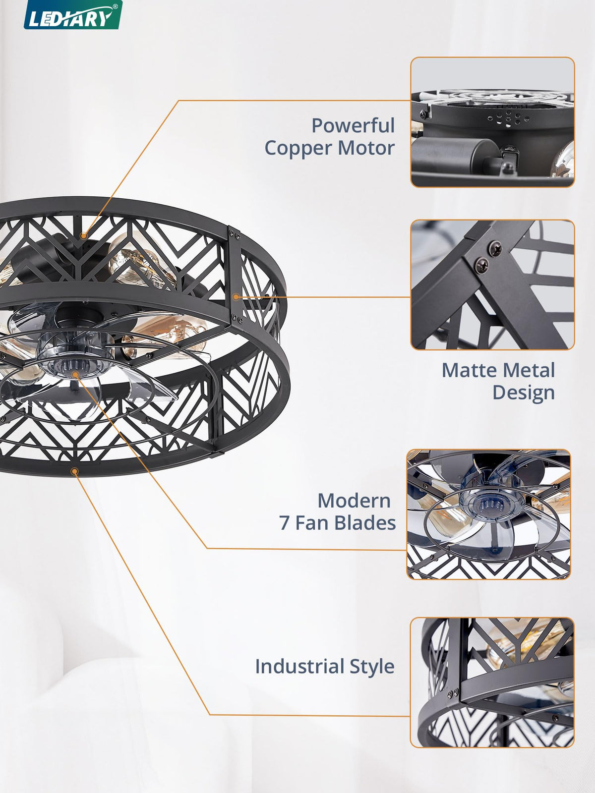 LEDIARY black caged ceiling fan with E26 bulb base.