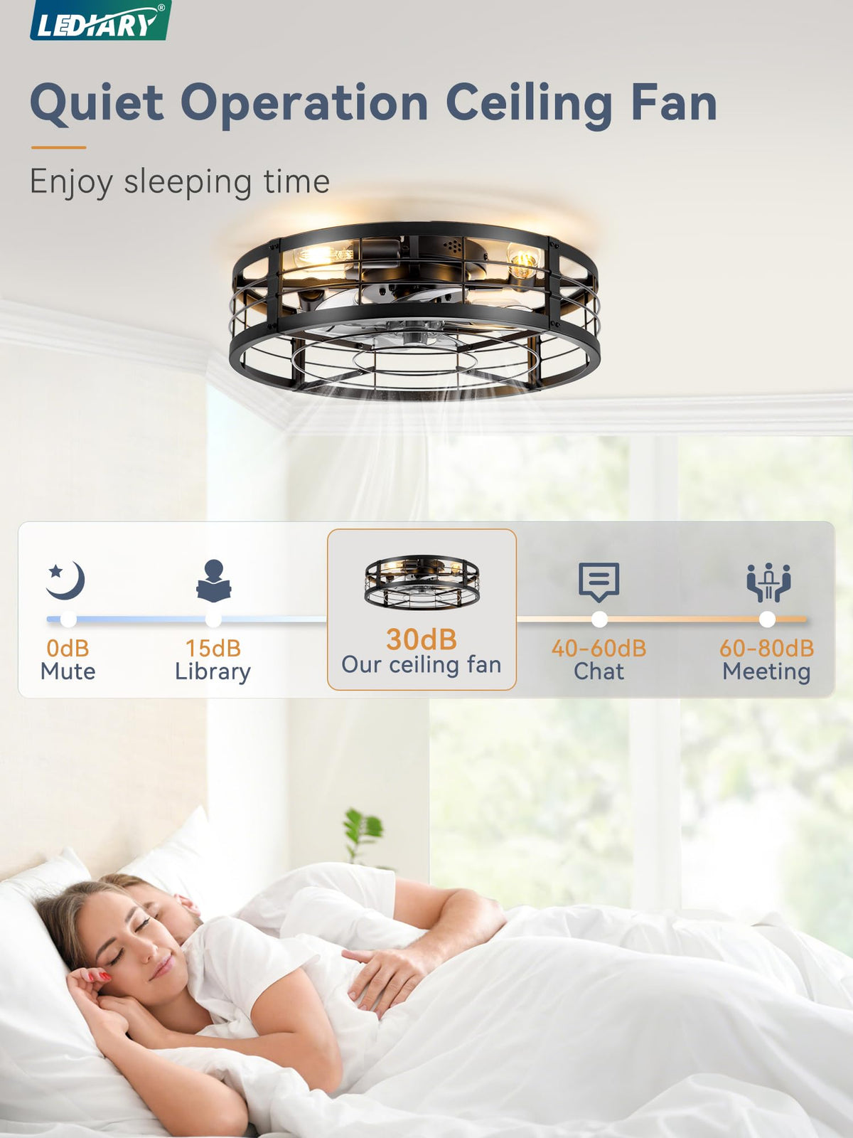 LEDIARY black-finish caged ceiling fan with light enhances modern kitchens.