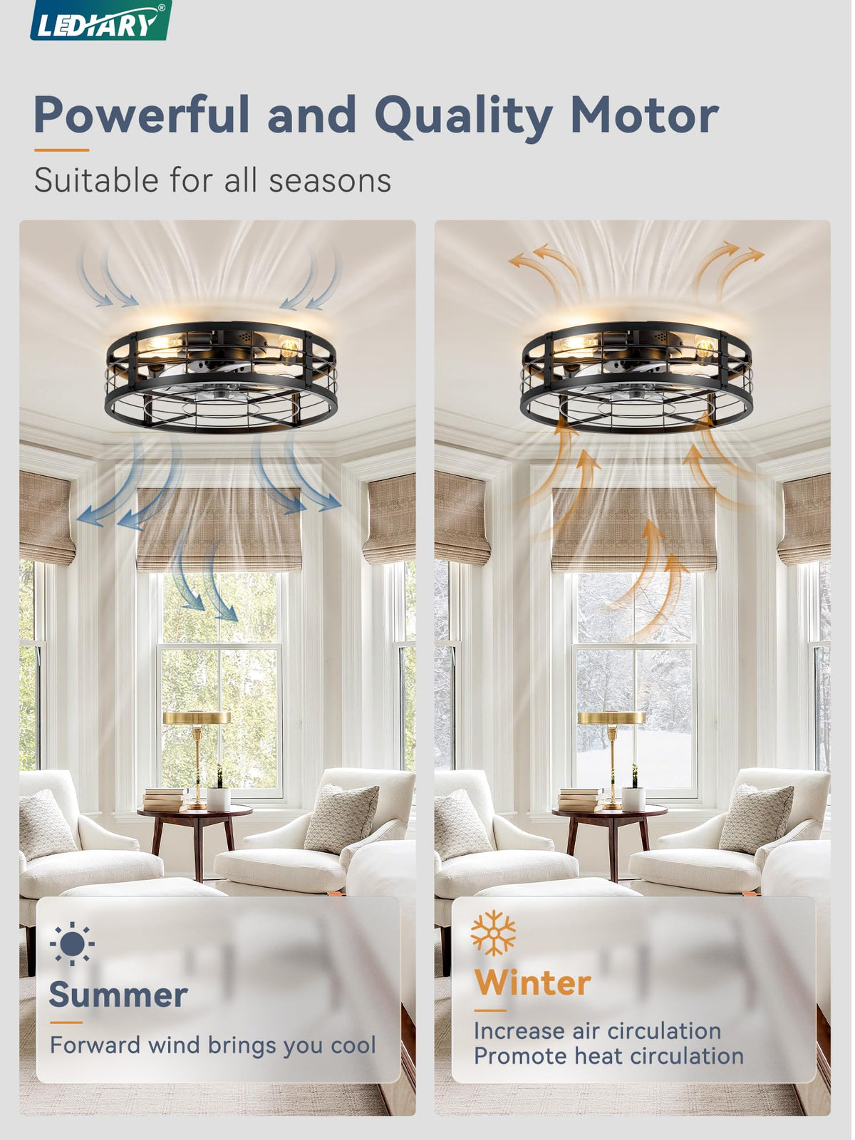 LEDIARY brushed-gold finish caged ceiling fan with light adds warm rustic elegance.